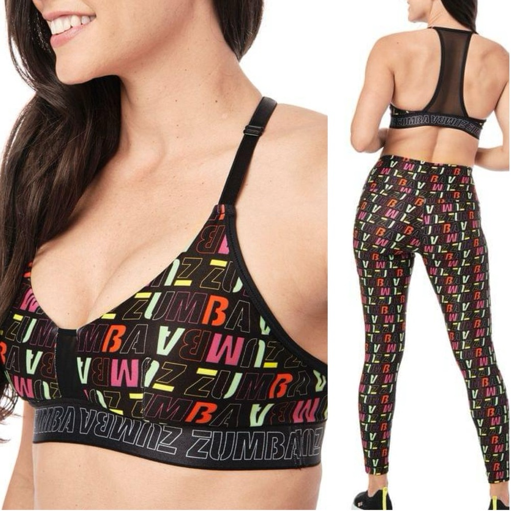 Zumba‎ NWT Step Into Happy Adjustable Back Mesh Panel Colorful Sports Bra XS/S